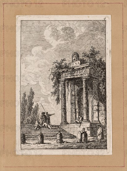 Plate Four from Evenings in Rome, 1763/64, Hubert Robert, French, 1733–1808, France, Etching in black on off-white laid paper, tipped onto tan laid paper, 123 × 87 mm (image), 133 × 94 mm (plate), 140 × 97 mm (primary support) 184 × 137 mm (secondary support)