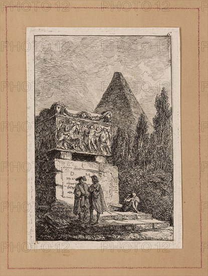 Plate Six from Evenings in Rome, 1763/64, Hubert Robert, French, 1733–1808, France, Etching in black on off-white laid paper, tipped onto tan laid paper, 128 × 87 mm (image), 137 × 94 mm (plate), 139 × 97 mm (primary support) 183 × 137 mm (secondary support)