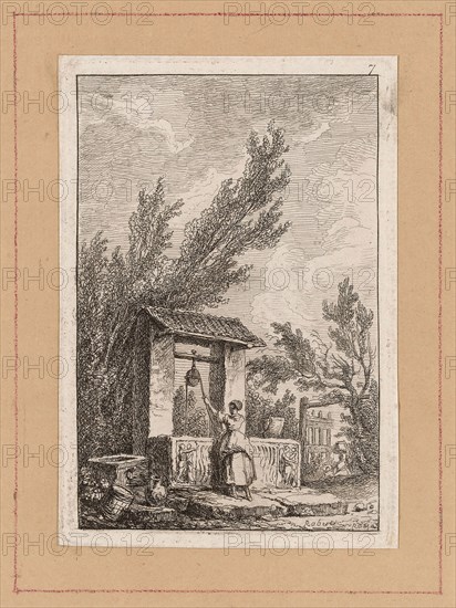 Plate Seven from Evenings in Rome, 1763/64, Hubert Robert, French, 1733–1808, France, Etching in black on off-white laid paper, tipped onto tan laid paper, 128 × 85 mm (image), 137 × 92 mm (plate), 139 × 96 mm (primary support) 183 × 135 mm (secondary support)