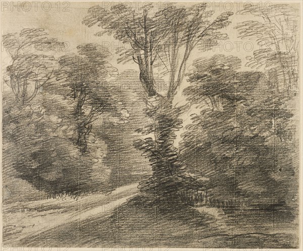 A Sunlit Path through a Wood, 1750/59, Thomas Gainsborough, English, 1727-1788, England, Graphite, with brush and gray wash, on cream laid paper, laid down on cream wove paper, edge mounted onto grayish-cream wove paper, 158 × 191 mm