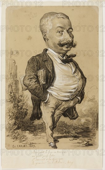 Caricature of a Man, 1859, Etienne Carjat, French, 1828–1906, France, Charcoal, heightened with white chalk, on tan wove paper, laid down on ivory wove paper, 488 × 317 mm (primary support), 567 × 345 mm (secondary support)