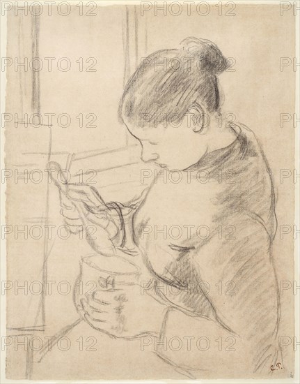 Young Peasant Having Her Coffee, 1879–80, Camille Pissarro, French, 1830-1903, France, Black chalk on buff laid paper, laid down on cream wove paper, 614 × 479 mm