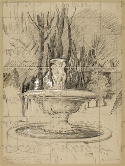 Fountain with Putti in the Garden of the Villa Borghese, 1880, Hans Thoma, German, 1839-1924, Germany, Black crayon over graphite, with opaque white watercolor and touches of red chalk, squared with graphite for transfer, on tan wove paper, 466 × 346 mm