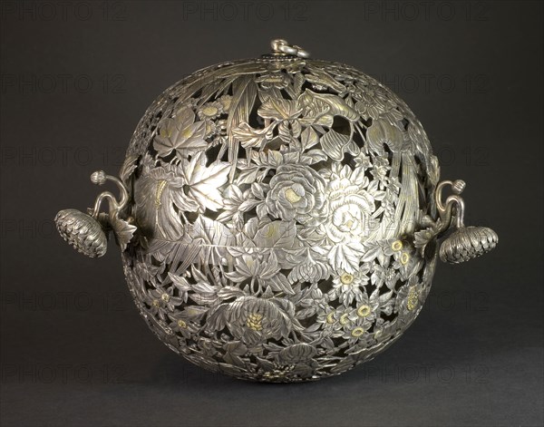 Hanging Incense Burner, 19th century, Japanese, Japan, Silver, gold, silk cords, Diam. 18.5 cm (7 1/8 in.)