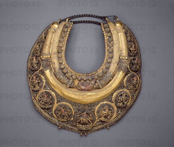Necklace Inscribed with the Name of King Pratapamalladeva, About 1650, Nepal, Kathmandu Valley, Kathmandu Valley, Gilt copper with semiprecious stones, 36.2 × 35.6 × 8.9 cm (14 1/4 × 14 × 3 1/2 in.)
