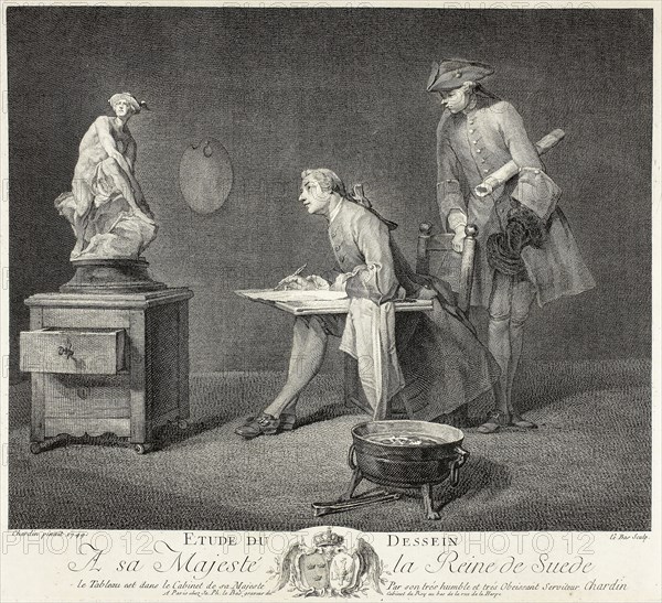 The Drawing Lesson, 1749, Jacques Philippe Le Bas (French, 1707-1783), after Jean Baptiste Siméon Chardin (French, 1699-1779), France, Engraving in black on cream laid paper, 251 × 309 mm (image), 294 × 329 mm (plate), 455 × 624 mm (sheet)