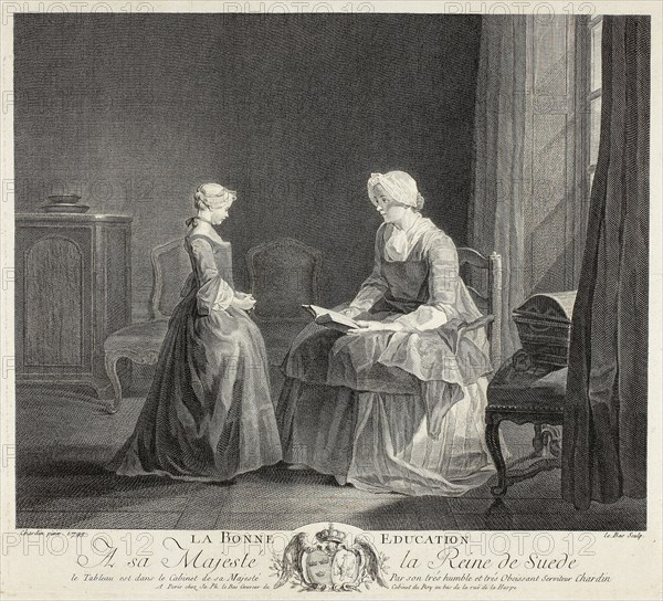 The Good Education, 1749, Jacques Philippe Le Bas (French, 1707-1783), after Jean Baptiste Siméon Chardin (French, 1699-1779), France, Engraving in black on cream laid paper, 253 × 311 mm (image), 295 × 330 mm (plate), 462 × 618 mm (sheet)