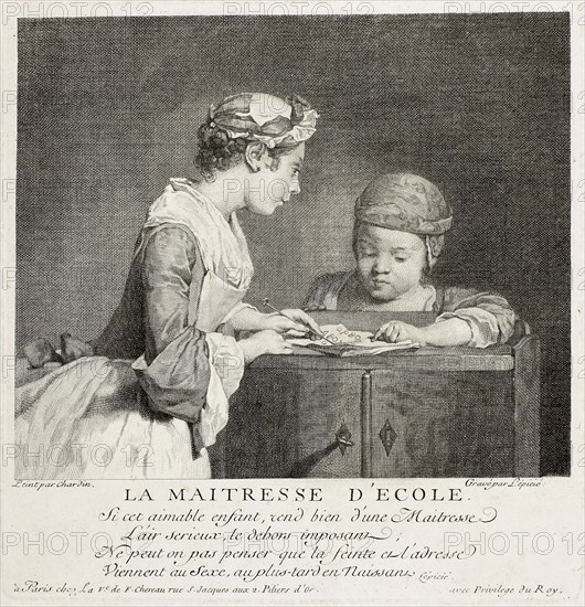 School Mistress, c. 1740, François Bernard Lépicié (French, 1698-1755), after Jean Baptiste Siméon Chardin (French, 1699-1779), France, Engraving in black on ivory laid paper, 168 × 201 mm (image), 217 × 210 mm (image/plate), 385 × 285 mm (sheet)