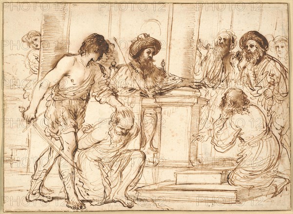 Damon and Pythias, 1632, Giovanni Francesco Barbieri, called Il Guercino, Cento 1591–1666 Bologna, Italy, Pen and brown ink, with brush and light brown wash, on ivory laid paper, laid down on cream laid paper, 193 x 263 mm