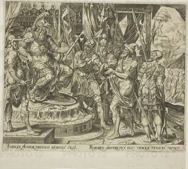 Achior Pleading with Holofernes for the Israelites, plate one from The Story of Judith and Holofernes, 1564, Philip Galle (Netherlandish, 1537-1612), after Maarten van Heemskerck (Dutch, 1498-1574), Netherlands, Engraving in black on ivory laid paper, 202 x 247 mm (image), 205 x 249 mm (plate), 230 x 254 mm (sheet)
