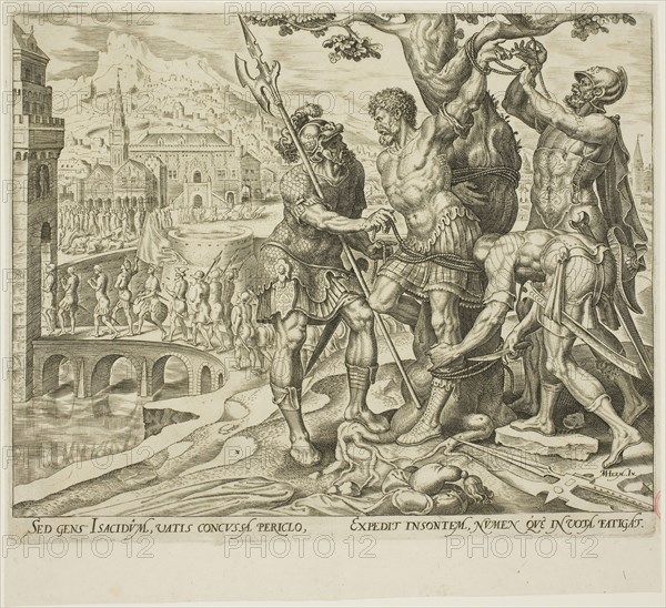 The Israelites Finding Achior Tied to a Tree, plate two from The Story of Judith and Holofernes, 1564, Philip Galle (Netherlandish, 1537-1612), after Maarten van Heemskerck (Dutch, 1498-1574), Netherlands, Engraving in black on ivory laid paper, 203 x 246 mm (image), 204 x 249 mm (plate), 231 x 253 mm (sheet)