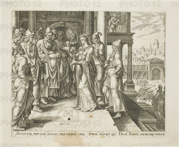 Judith Addressing the Elders of Bethulia, plate three from The Story of Judith and Holofernes, 1564, Philip Galle (Netherlandish, 1537-1612), after Maarten van Heemskerck (Dutch, 1498-1574), Netherlands, Engraving in black on ivory laid paper, 202 x 248 mm (image), 204 x 250 mm (plate), 233 x 284 mm (sheet)