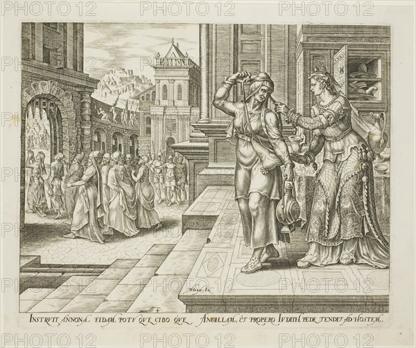Judith Preparing Herself to Leave for the Enemies’ Camp, plate four from The Story of Judith and Holofernes, 1564, Philip Galle (Netherlandish, 1537-1612), after Maarten van Heemskerck (Dutch, 1498-1574), Netherlands, Engraving in black on ivory laid paper, 202 x 246 mm (image), 204 x 248 mm (plate), 228 x 274 mm (sheet)