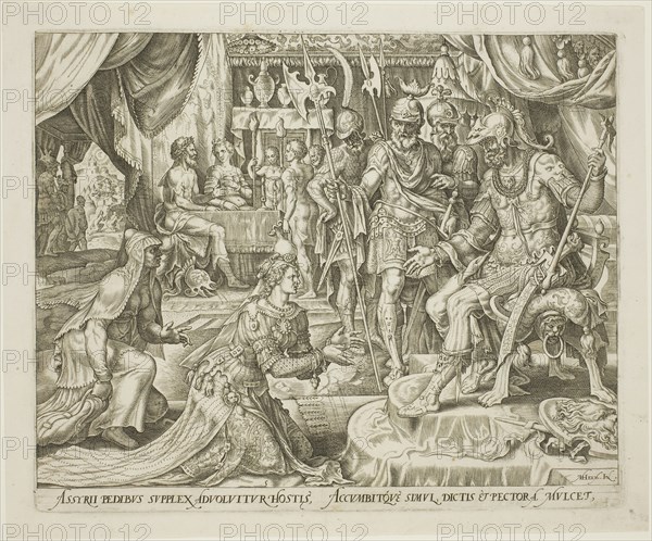 Judith Presented to Holofernes, plate five from The Story of Judith and Holofernes, 1564, Philip Galle (Netherlandish, 1537-1612), after Maarten van Heemskerck (Dutch, 1498-1574), Netherlands, Engraving in black on ivory laid paper, 203 x 248 mm (image), 205 x 251 mm (plate), 228 x 274 mm (sheet)