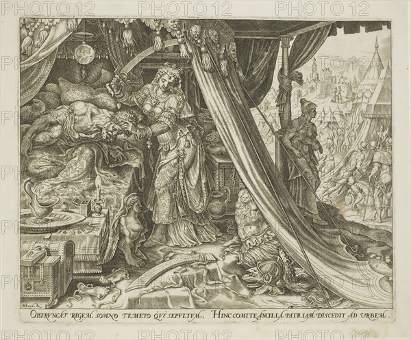 Judith Slaying Holofernes, plate six from The Story of Judith and Holofernes, 1564, Philip Galle (Netherlandish, 1537-1612), after Maarten van Heemskerck (Dutch, 1498-1574), Netherlands, Engraving in black on ivory laid paper, 202 x 248 mm (image), 205 x 251 mm (plate), 226 x 272 mm (sheet)