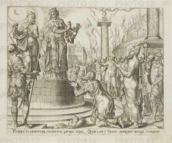 Judith Displaying Holofernes’s Head to the People of Bethulia, plate seven from The Story of Judith and Holofernes, 1564, Philip Galle (Netherlandish, 1537-1612), after Maarten van Heemskerck (Dutch, 1498-1574), Netherlands, Engraving in black on ivory laid paper, 203 x 248 mm (image), 205 x 251 mm (plate), 227 x 275 mm (sheet)