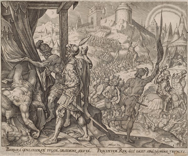 The Discovery of Holofernes’s Corpse, plate eight from The Story of Judith and Holofernes, 1564, Philip Galle (Netherlandish, 1537-1612), after Maarten van Heemskerck (Dutch, 1498-1574), Netherlands, Engraving in black on ivory laid paper, 202 x 247 mm (image), 205 x 250 mm (plate), 226 x 271 mm (sheet)