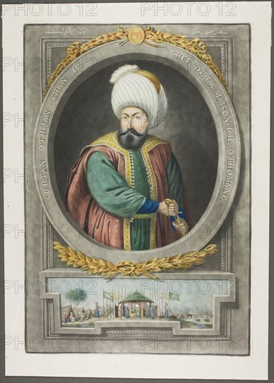 Othman Kahn I, from Portraits of the Emperors of Turkey, 1815, John Young, English, 1755-1825, England, Mezzotint, hand-colored with brush and watercolor, on ivory wove paper, 375 × 253 mm