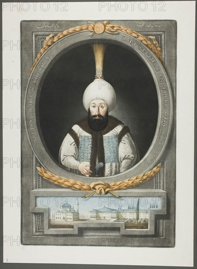 Abdul Hamid Khan, from Portraits of the Emperors of Turkey, 1815, John Young, English, 1755-1825, England, Mezzotint, hand-colored with brush and watercolor, on ivory wove paper, 375 × 253 mm