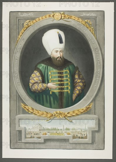 Achmet Kahn I, from Portraits of the Emperors of Turkey, 1815, John Young, English, 1755-1825, England, Mezzotint, hand-colored with brush and watercolor, on ivory wove paper, 375 × 253 mm