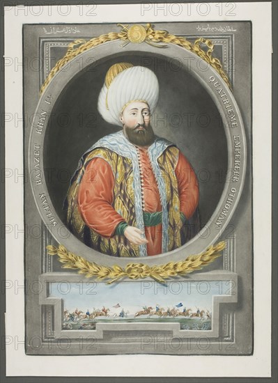 Bajazet Kahn I, from Portraits of the Emperors of Turkey, 1815, John Young, English, 1755-1825, England, Mezzotint, hand-colored with brush and watercolor, on ivory wove paper, 375 × 253 mm