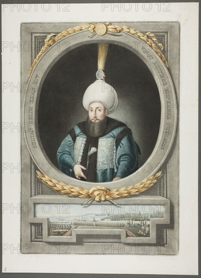 Selim Kahn III, from Portraits of the Emperors of Turkey, 1815, John Young, English, 1755-1825, England, Mezzotint, hand-colored with brush and watercolor, on ivory wove paper, 375 × 253 mm