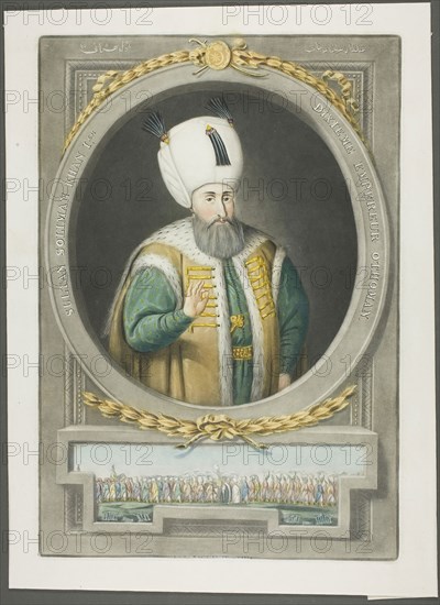 Soliman Kahn I, from Portraits of the Emperors of Turkey, 1815, John Young, English, 1755-1825, England, Mezzotint, hand-colored with brush and watercolor, on ivory wove paper, 375 × 253 mm