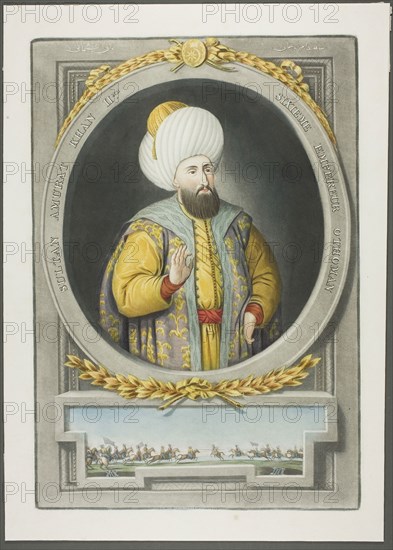 Amurat Kahn II, from Portraits of the Emperors of Turkey, 1815, John Young, English, 1755-1825, England, Mezzotint, hand-colored with brush and watercolor, on ivory wove paper, 375 × 253 mm