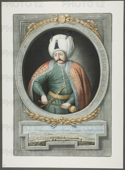 Selim Kahn I, from Portraits of the Emperors of Turkey, 1815, John Young, English, 1755-1825, England, Mezzotint, hand-colored with brush and watercolor, on ivory wove paper, 375 × 253 mm
