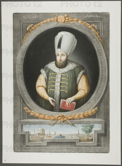 Mustapha Kahn, from Portraits of the Emperors of Turkey, 1815, John Young, English, 1755-1825, England, Mezzotint, hand-colored with brush and watercolor, on ivory wove paper, 375 × 253 mm