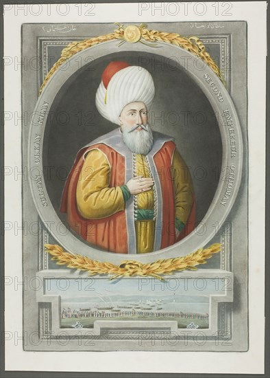 Orkan Kahn, from Portraits of the Emperors of Turkey, 1815, John Young, English, 1755-1825, England, Mezzotint, hand-colored with brush and watercolor, on ivory wove paper, 375 × 253 mm