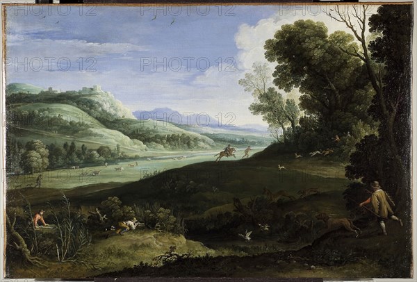 Landscape with Hunters, 1619, Paul Bril, Flemish, 1553/54–1626, Flanders, Oil on canvas, 23 5/8 × 34 5/8 in. (60 × 88 cm)