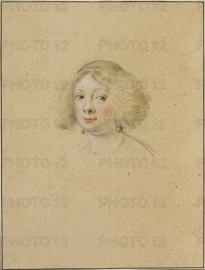 Portrait of a Young Woman with Pearl Earrings, 1632/35, Simon Vouet, French, 1590-1649, France, Black chalk and pastel, heightened with white chalk, on light brown laid paper, laid down on an eighteenth-century mount with framing lines, 277 × 210 mm