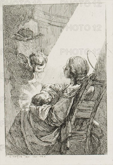 The Virgin Mary Cradling the Baby Jesus, 1764, Charles-François Hutin, French, 1715-1776, France, Etching in black on off-white laid paper, 130 × 90 mm (image), 184 × 120 mm (plate), 204 × 141 mm (sheet)