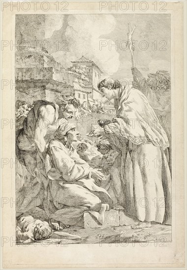 Saint Charles Borromeo Blessing the Plague-Stricken, n.d., Jean Baptiste Marie Pierre, French, 1713-1789, France, Etching in black on off-white laid paper, 555 × 377 mm (image), 615 × 396 mm (plate), 640 × 440 mm (sheet)
