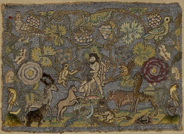 Orpheus Charming the Animals, first half 17th century, England, Linen plain weave embroidered in silk floss, silk chenille and gilt-metal-strip-wrapped silk, glass beads, applied braid, 21 × 31 cm (8 1/4 × 12 3/16 in.)