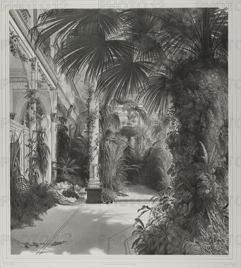 View of the Palm House on the Peacock-Island, c. 1844, Friedrich Julius Tempeltei (German, 1802-1870), after Carl Blechen (German, 1798-1840), Germany, Lithograph in black on ivory Japanese paper, laid down on ivory wove paper (chine collé), 429 × 381 mm (image/primary support), 718 × 548 mm (secondary support)