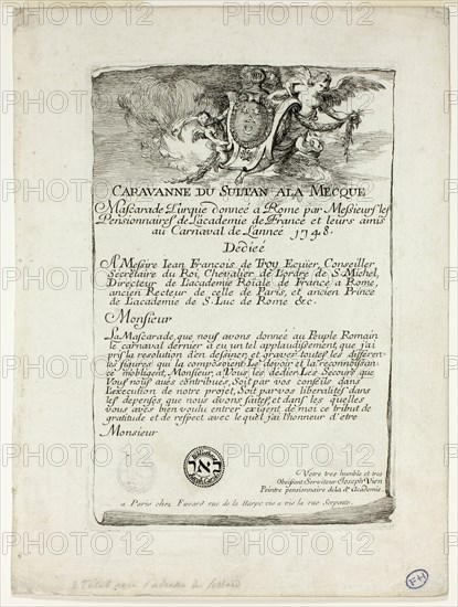 Title Page, from Caravanne du Sultan à la Mecque, 1748, Joseph Marie Vien, French, 1716-1809, France, Etching on ivory laid paper, 201 × 132 mm (image/plate), 255 × 189 mm (sheet)
