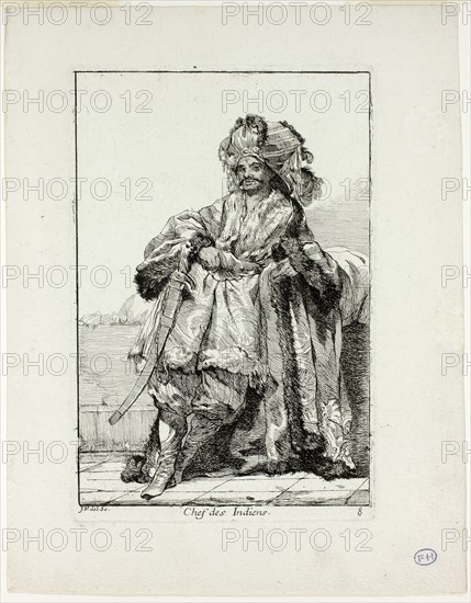 Chef des Indiens, plate eight from Caravanne du Sultan à la Mecque, 1748, Joseph Marie Vien, French, 1716-1809, France, Etching on ivory laid paper, 195 × 132 mm (image), 205 × 135 mm (plate), 265 × 207 mm (sheet)