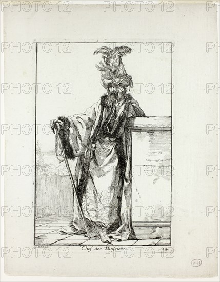 Chef des Huissiers, plate fourteen from Caravanne du Sultan à la Mecque, 1748, Joseph Marie Vien, French, 1716-1809, France, Etching on ivory laid paper, 195 × 131 mm (image), 204 × 136 mm (plate), 264 × 204 mm (sheet)