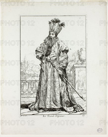 Le Grand Seigneur, plate seventeen from Caravanne du Sultan à la Mecque, 1748, Joseph Marie Vien, French, 1716-1809, France, Etching on ivory laid paper, 196 × 131 mm (image), 205 × 135 mm (plate), 263 × 211 mm (sheet)