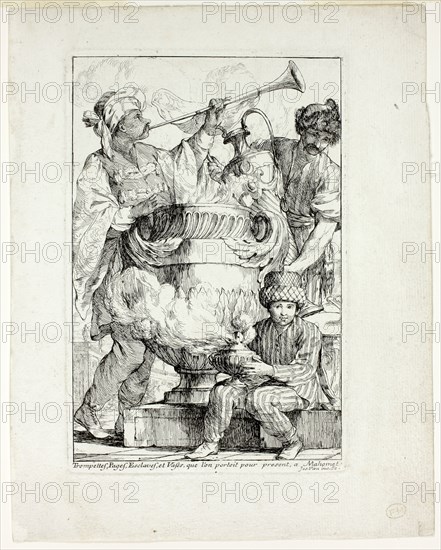 Trompettes, Pages, Esclaves, et Vases que l’on portait pour présent à Mahomet, from Caravanne du Sultan à la Mecque, 1748, Joseph Marie Vien, French, 1716-1809, France, Etching on ivory laid paper, 198 × 132 mm (image), 207 × 137 mm (plate), 261 × 207 mm (sheet)