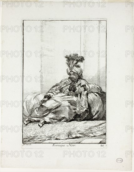 Eunuque Noir, plate 21 from Caravanne du Sultan à la Mecque, 1748, Joseph Marie Vien, French, 1716-1809, France, Etching on ivory laid paper, 194 × 132 mm (image), 205 × 135 mm (plate), 266 × 207 mm (sheet)