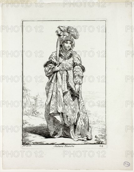 Sultane Blanche, plate 24 from Caravanne du Sultan à la Mecque, 1748, Joseph Marie Vien, French, 1716-1809, France, Etching on ivory laid paper, 196 × 132 mm (image), 204 × 136 mm (plate), 265 × 206 mm (sheet)