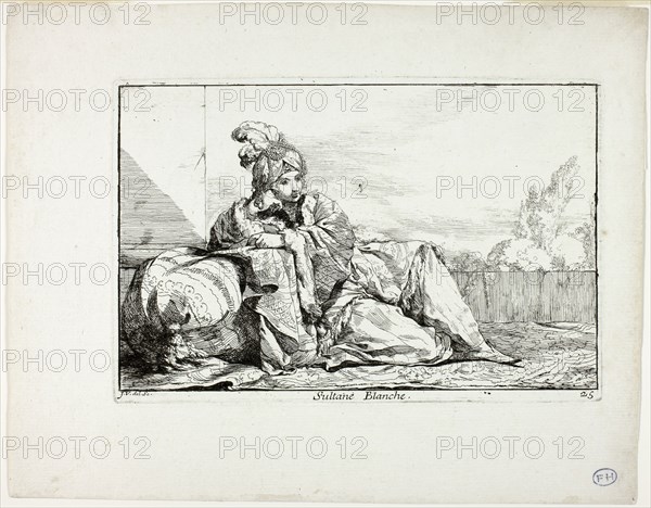 Sultane Blanche, plate 25 from Caravanne du Sultan à la Mecque, 1748, Joseph Marie Vien, French, 1716-1809, France, Etching on ivory laid paper, 127 × 199 mm (image), 135 × 203 mm (plate), 207 × 266 mm (sheet)