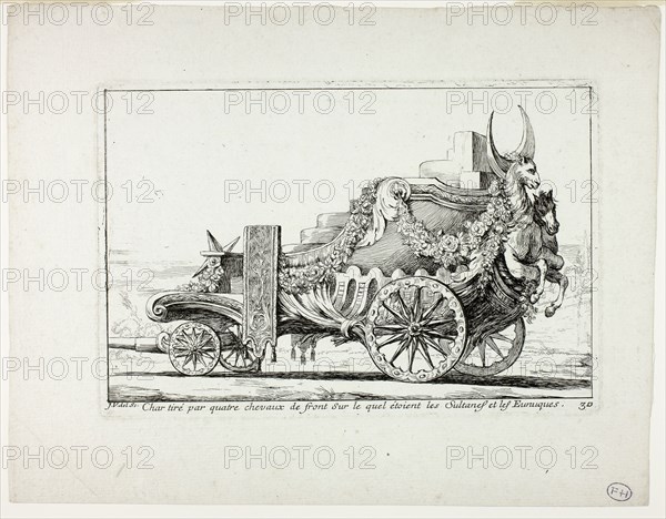 Char tiré par quatre chevaux de front, Sur lequel étaient les Sultanes et les Eunuques, plate 30 from Caravanne du Sultan à la Mecque, 1748, Joseph Marie Vien, French, 1716-1809, France, Etching on ivory laid paper, 127 × 198 mm (image), 136 × 203 mm (plate), 204 × 265 mm (sheet)