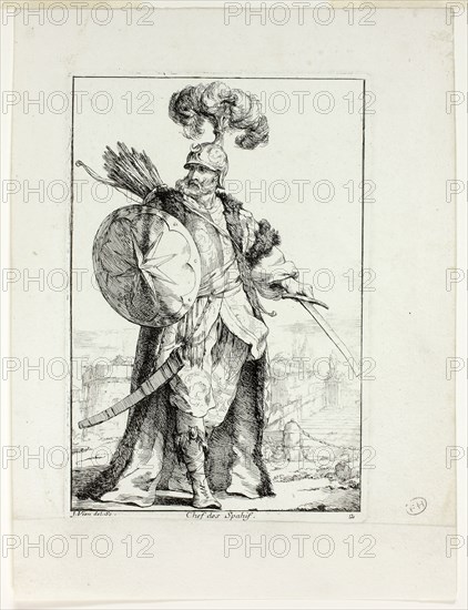 Chef des Spahis, plate two from Caravanne du Sultan à la Mecque, 1748, Joseph Marie Vien, French, 1716-1809, France, Etching on ivory laid paper, 197 × 133 mm (image), 205 × 138 mm (plate), 236 × 202 mm (sheet)