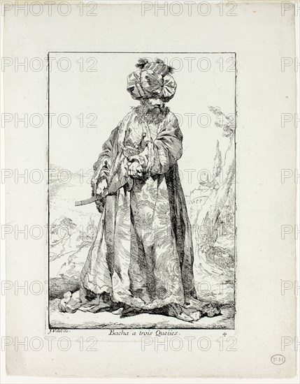 Bacha à trois Queues, plate four from Caravanne du Sultan à la Mecque, 1748, Joseph Marie Vien, French, 1716-1809, France, Etching on ivory laid paper, 195 × 132 mm (image), 205 × 136 mm (plate), 264 × 205 mm (sheet)