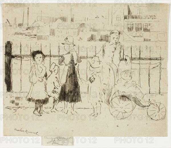 Events Over the Railings, Chelsea Embankment, 1888–89, Theodore Roussel, French, worked in England, 1847-1926, England, Etching in black on ivory laid paper, 95 × 117 mm (image/plate), 99 × 117 mm (sheet)