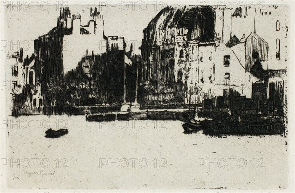 Chelsea Palaces (Black and White Version), 1888–89, Theodore Roussel, French, worked in England, 1847-1926, England, Etching in black on light gray laid paper, printed over and impressed on a sheet of cream wove paper, now detached, 56 × 120 mm (image), 79 × 120 mm (plate), 132 × 160 mm (primary support), 188 × 222 mm (secondary support)